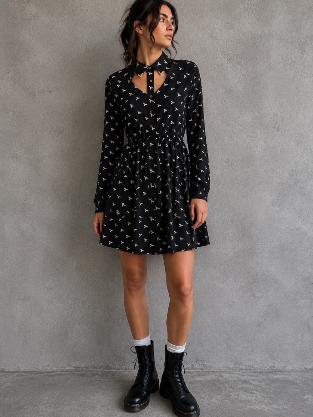 Romeo & Juliet Couture Bird Print Cutout Collar Dress Gold Coquette Whimsigoth S